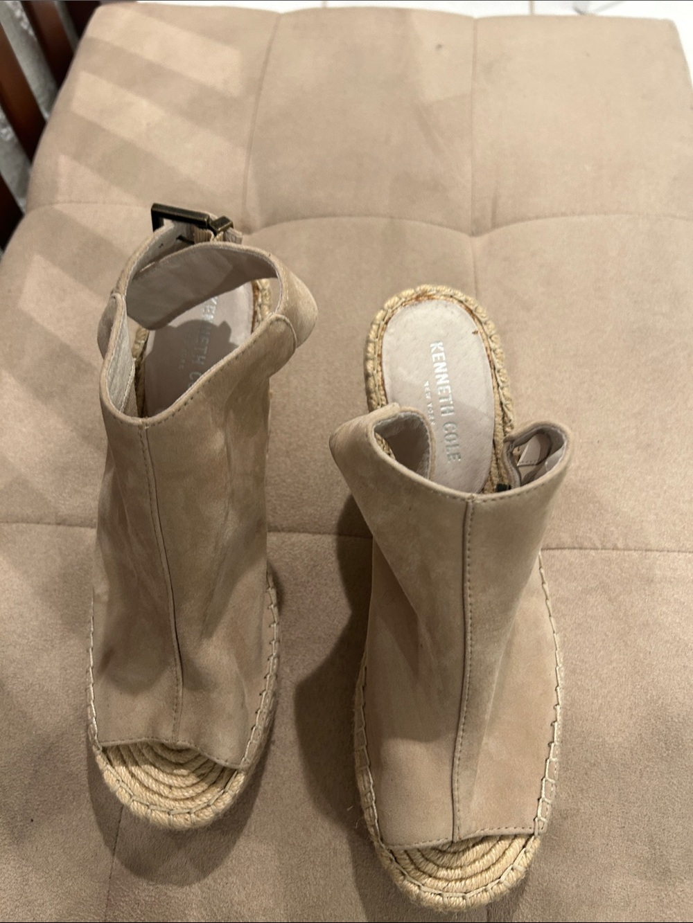 Kenneth Cole Beige Suede Espadrille Peep-Toe Mules